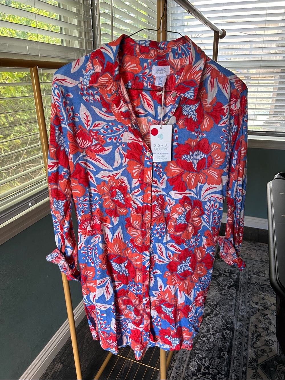 Sigrid Olsen Red Floral Button-Down on Blue Ground